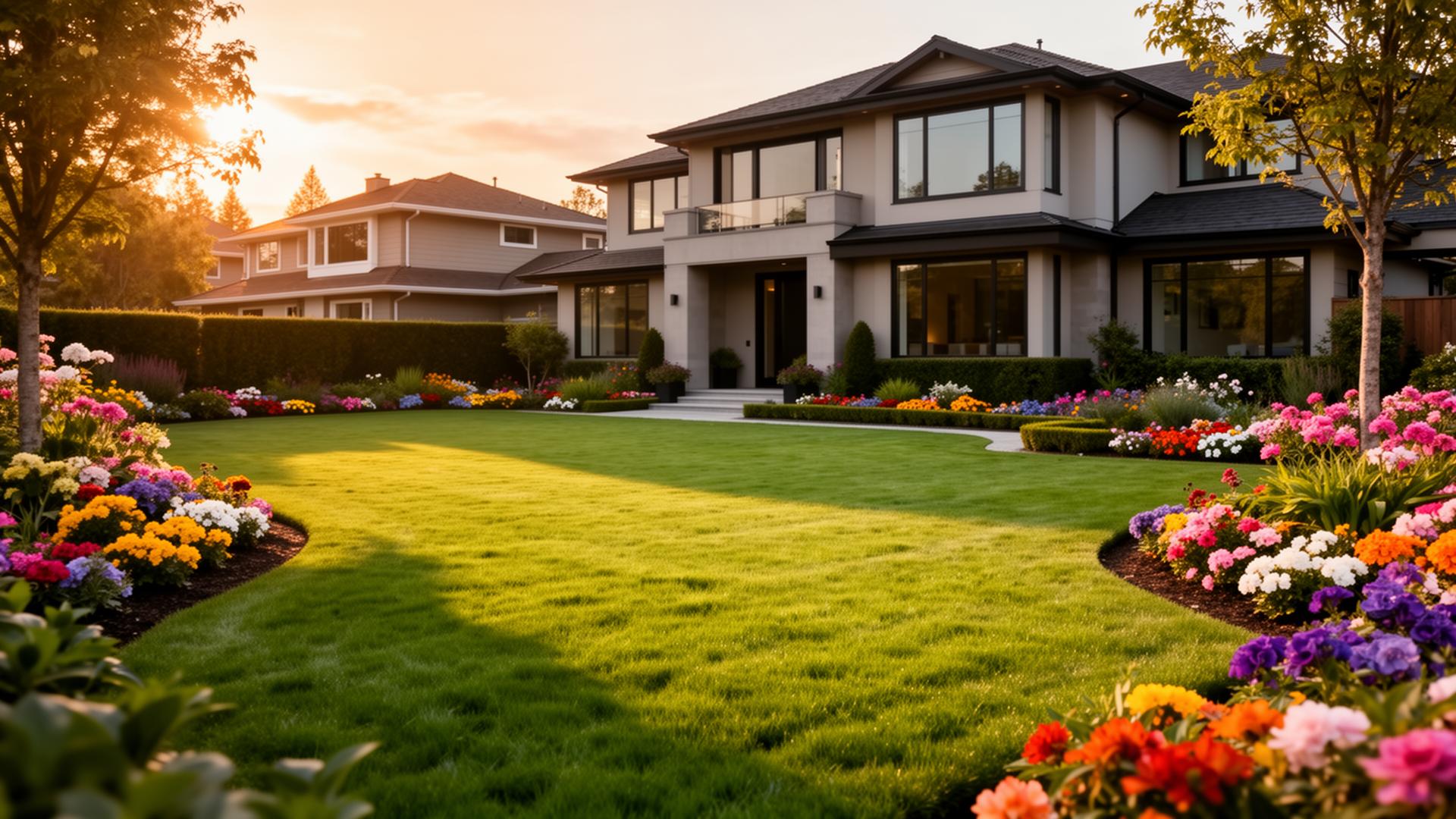 Beautifully landscaped front yard at golden hour